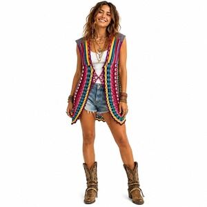Twenty One Rainbow Crochet Festival Vest Boho Hippie Duster Cardigan